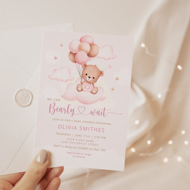 We Can Bearly Wait Girl Teddy Bear Baby Shower  Invitation (Creator Uploaded)