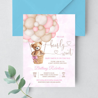 We Can Bearly Wait Girl Teddy Bear Baby Shower Invitation