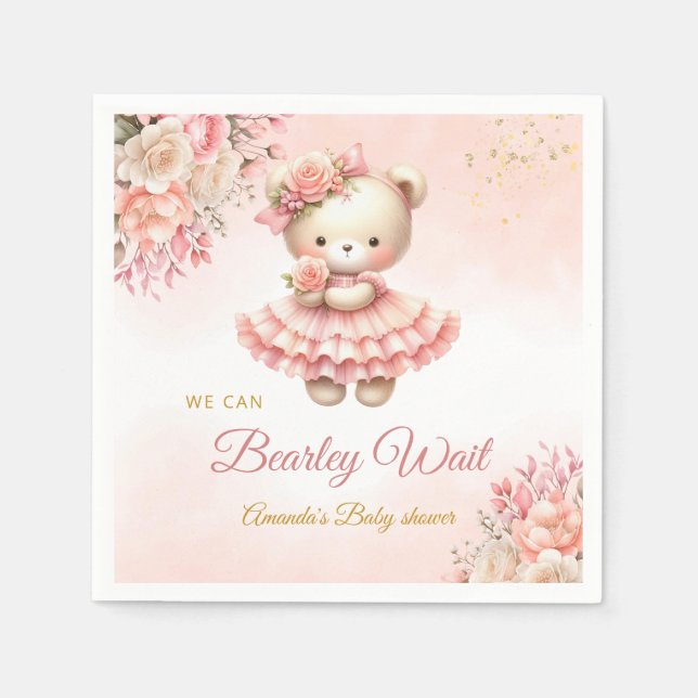 We can bearly wait Girl Teddy Bear Baby Shower Napkin (Front)