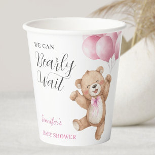 We Can Bearly Wait Girl Teddy Bear Baby Shower Paper Cups