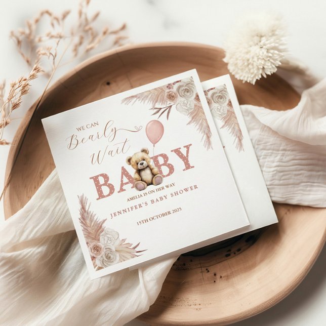 We Can Bearly Wait Girl Teddy Bear Pink Boho Napkin (Creator Uploaded)