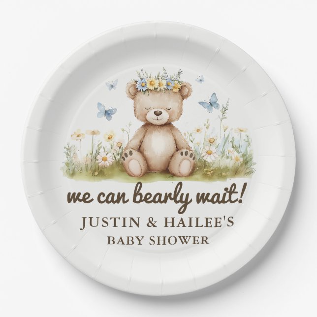 We Can Bearly Wait Girly Wildflower Baby Shower Paper Plate (Front)