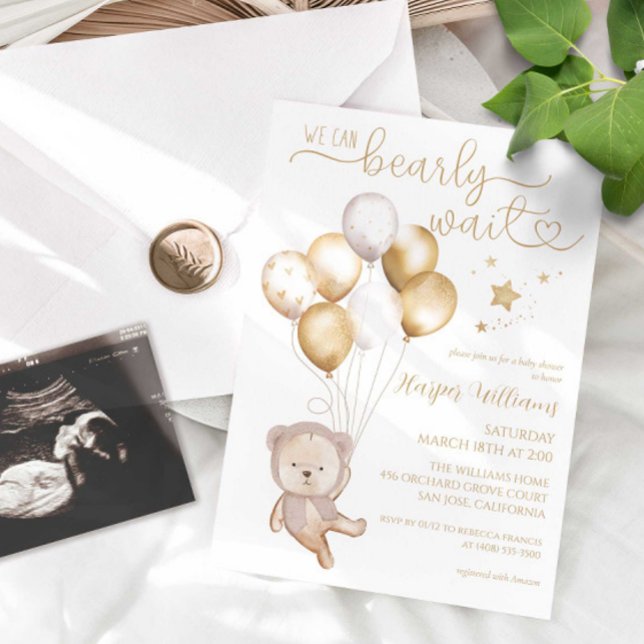 We Can Bearly Wait Gold Balloons Stars Baby Shower Invitation (Creator Uploaded)