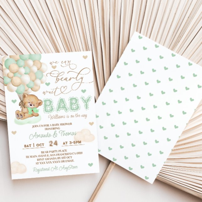 We Can Bearly Wait Green Baby Shower Invitation (Creator Uploaded)