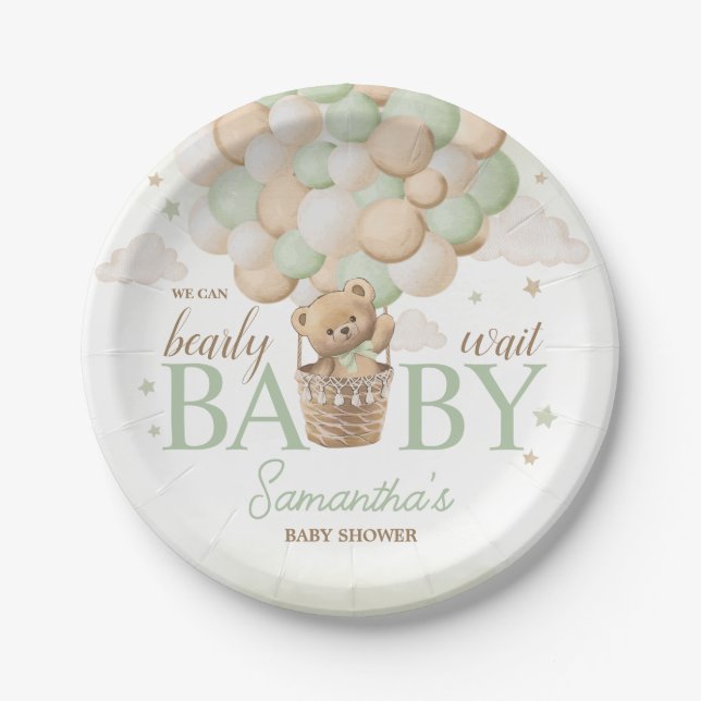 We Can Bearly Wait Green Bear Baby Shower Paper Plate (Front)