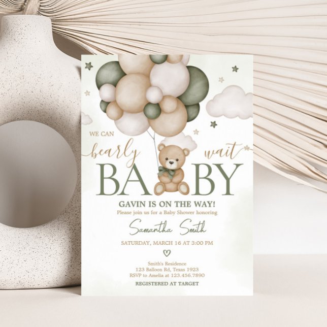 We Can Bearly Wait Green Boho Baby Shower Invitation (Green Boho Teddy Bear Baby Shower Invitation )