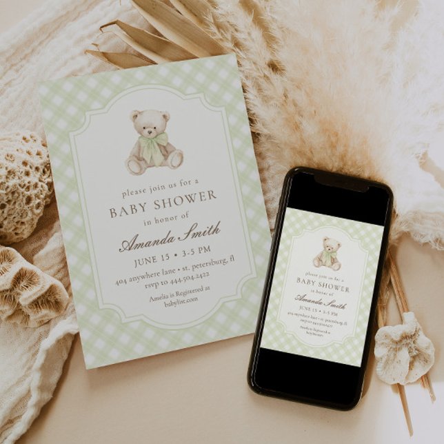 We Can Bearly Wait Green Gingham Teddy Bear Baby Invitation (Creator Uploaded)