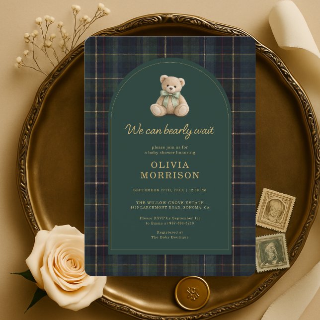We Can Bearly Wait Green Plaid Baby Shower Invitation (Creator Uploaded)