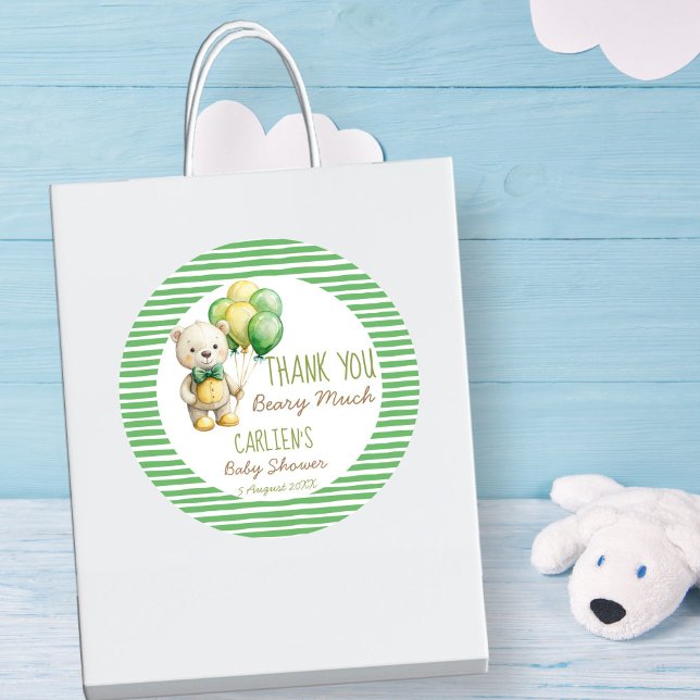 We can bearly wait green teddy bear baby shower classic round sticker (We can bearly wait sage green teddy bear baby shower thank you favor sticker baby shower favors)