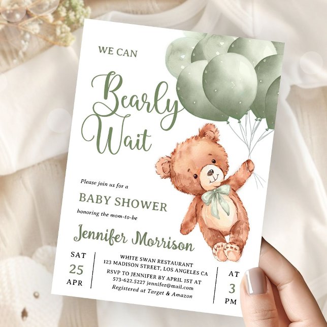 We Can Bearly Wait Green Teddy Bear Baby Shower Invitation (Creator Uploaded)