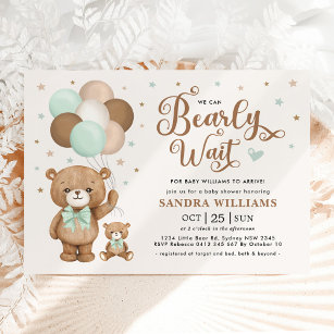 We Can Bearly Wait Green Teddy Bear Baby Shower Invitation