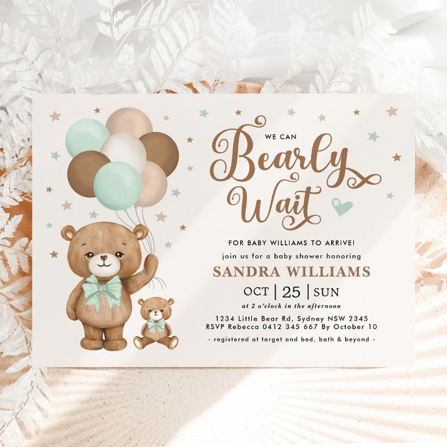 We Can Bearly Wait Green Teddy Bear Baby Shower Invitation (Creator Uploaded)