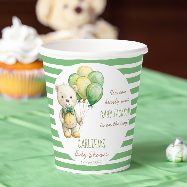 We can bearly wait green teddy bear baby shower paper cups (We can bearly wait cute sage green teddy bear baby shower personalized monogram printed paper cups)