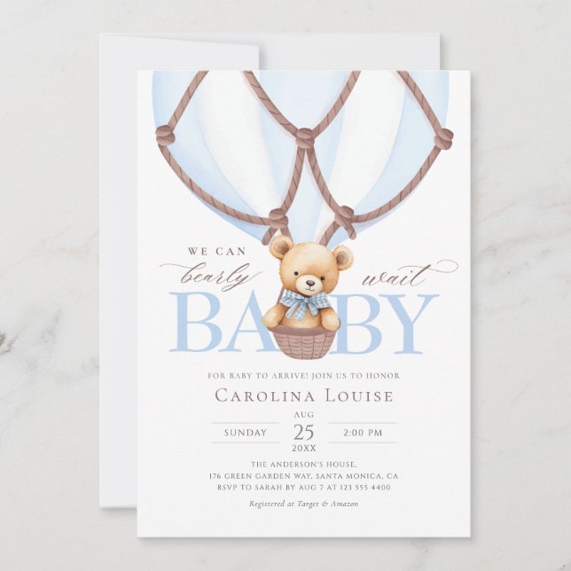 We Can Bearly Wait! Hot Air Baloon Baby Shower   Invitation (Front)