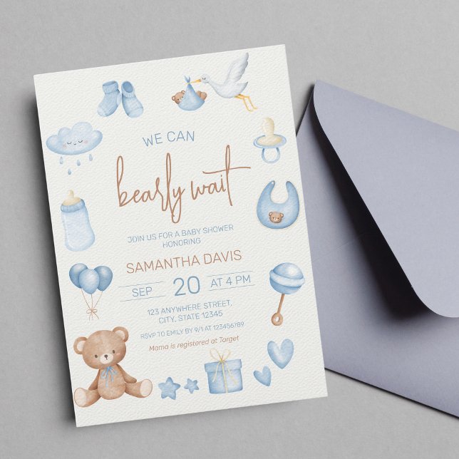 We Can Bearly Wait Light Blue Boy Baby Shower Invitation (we can bearly wait)