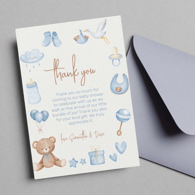We Can Bearly Wait Light Blue Boy Baby Shower Thank You Card (thank you card baby shower "we can bearly wait")