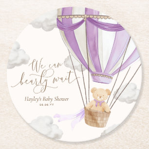 We Can Bearly Wait Lilac Teddy Bear Baby Shower Round Paper Coaster