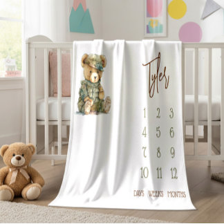 We Can Bearly Wait! Military Teddy Baby Milestone Fleece Blanket