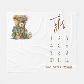 We Can Bearly Wait! Military Teddy Baby Milestone Fleece Blanket