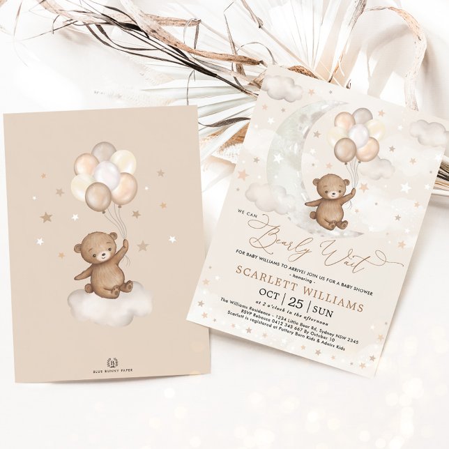 We Can Bearly Wait Moon Bear Balloons Baby Shower Invitation (Creator Uploaded)