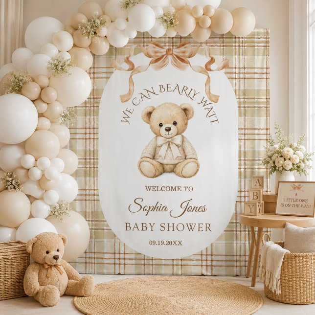 We Can Bearly Wait Neutral Baby Shower Backdrop Tapestry (We can bearly wait gender neutral baby shower backdrop)