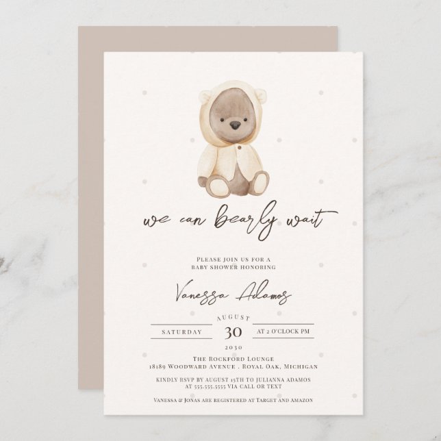 We Can Bearly Wait, Neutral Teddy Bear Baby Shower Invitation (Front/Back)