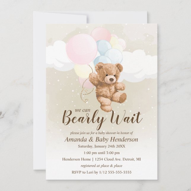 We can Bearly Wait Neutral Teddy Bear Baby Shower Invitation (Front)