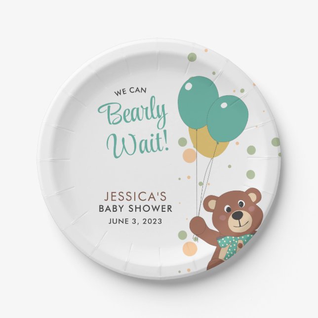 We Can Bearly Wait Neutral Teddy Bear Baby Shower Paper Plate (Front)