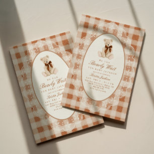 We Can Bearly Wait Orange Gingham Baby Shower Invitation