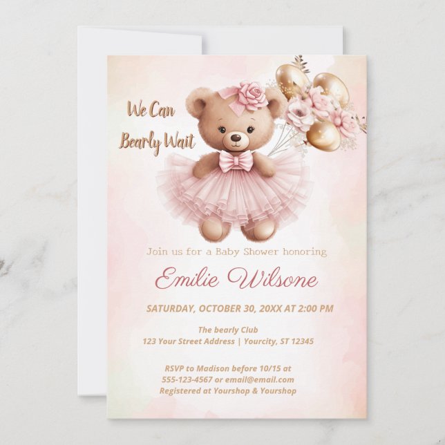 we can bearly wait pink baby shower Invitation (Front)