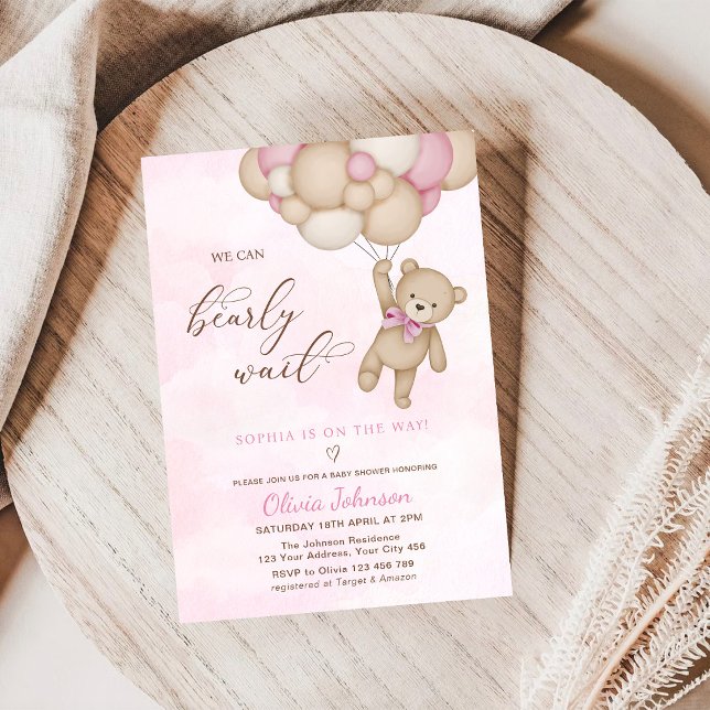 We Can Bearly Wait Pink Baby Shower Invitation (Creator Uploaded)
