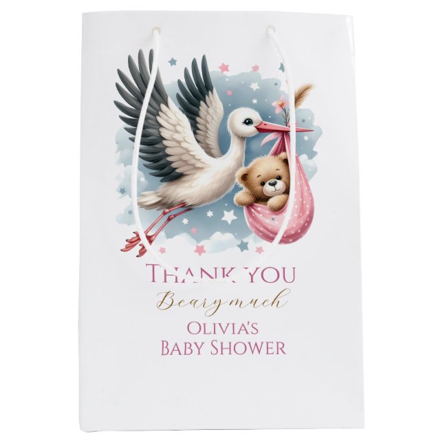 We Can Bearly Wait Pink Baby Shower Medium Gift Bag (Front)