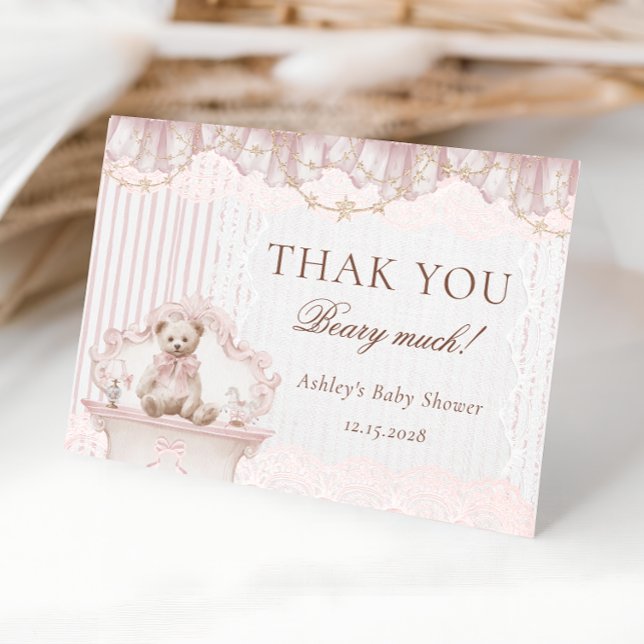 We Can Bearly Wait Pink Baby Shower Thank You Card (Creator Uploaded)