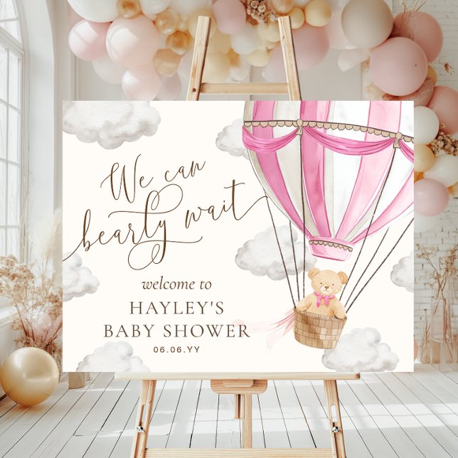 We Can Bearly Wait Pink Baby Shower Welcome Poster (Creator Uploaded)
