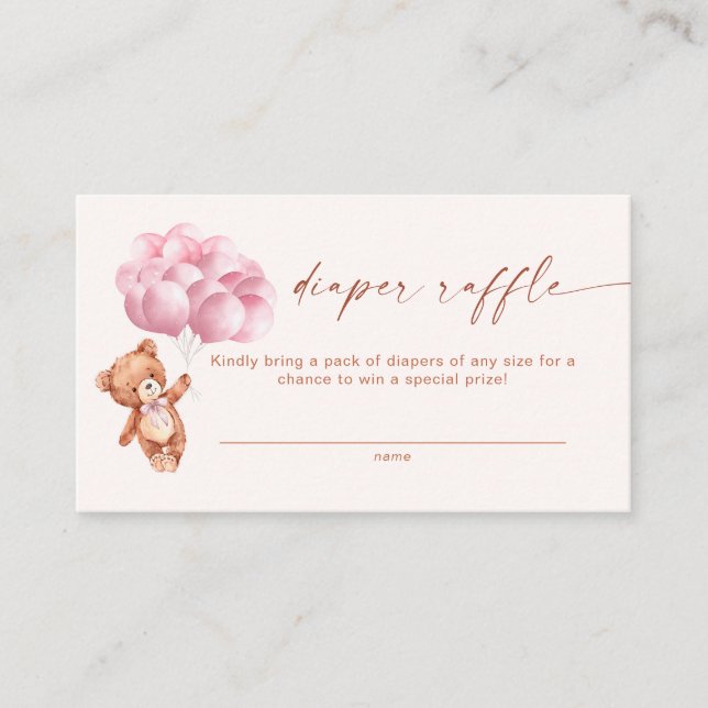 We Can Bearly Wait Pink Balloon Diaper Raffle Card (Front)