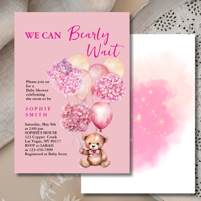 We can bearly wait pink balloon hydrangea  invitation (Creator Uploaded)