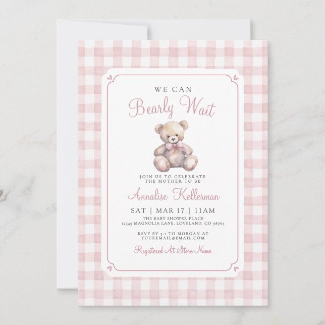 We Can Bearly Wait Pink Bear Baby Shower Invitation (Front)