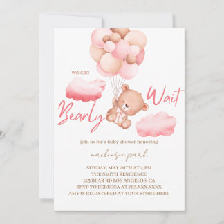 We Can Bearly Wait Pink Bear Baby Shower Invitation