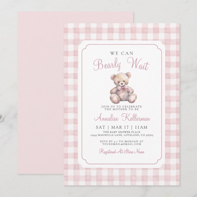 We Can Bearly Wait Pink Bear Baby Shower Invitation (Front/Back)