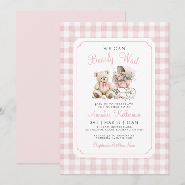 We Can Bearly Wait Pink Bear Baby Shower Invitation (Front/Back)