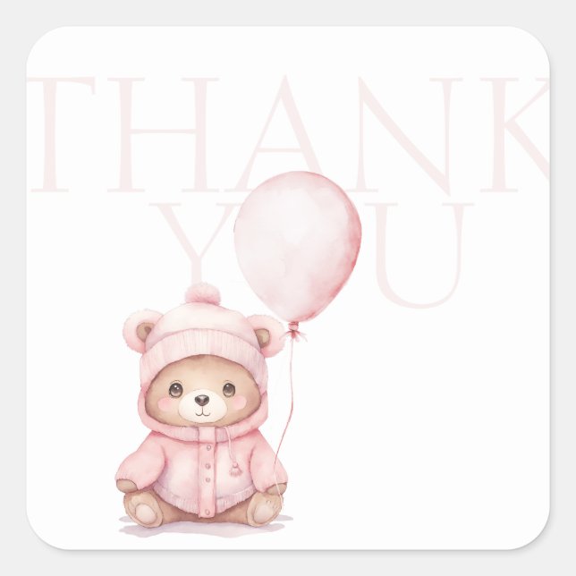 We Can Bearly Wait Pink Bear Baby Shower Thank You Square Sticker (Front)
