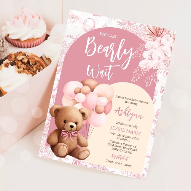 We Can Bearly Wait Pink Bear Balloon Baby Shower Invitation (Creator Uploaded)