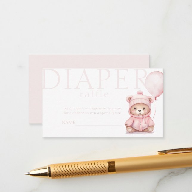 We Can Bearly Wait Pink Bear Diaper Raffle Enclosure Card (Front/Back In Situ)