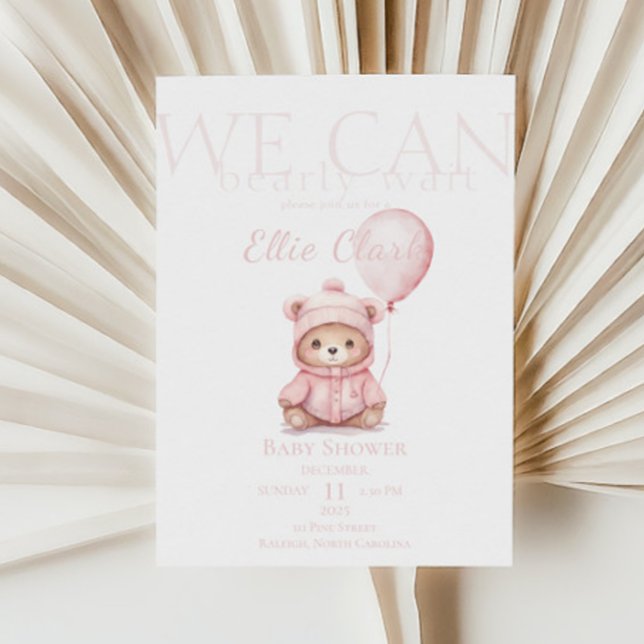 We Can Bearly Wait Pink Bear Girl Baby Shower Invitation (Creator Uploaded)