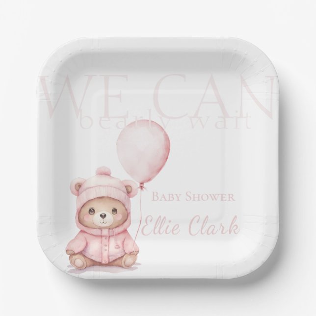 We Can Bearly Wait Pink Bear Girl Baby Shower Paper Plate (Front)