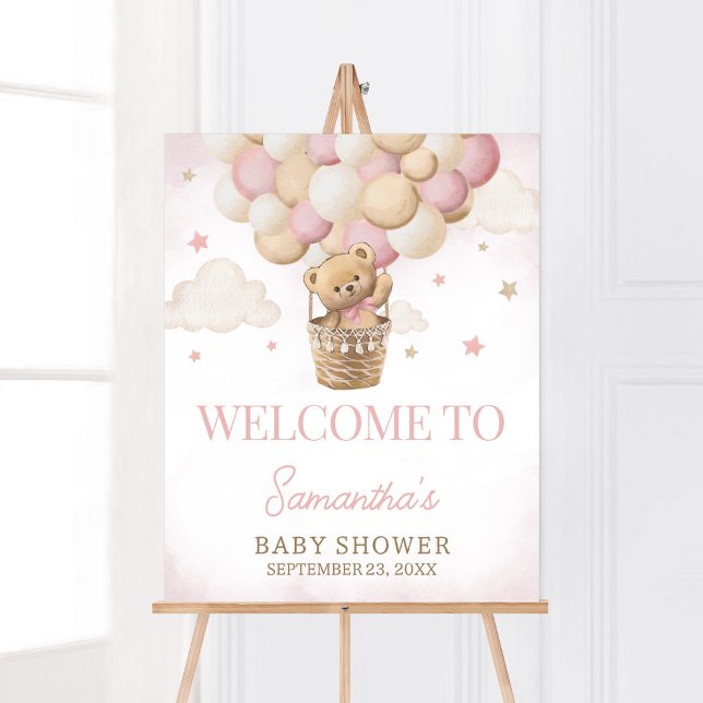 We Can Bearly Wait Pink Bear Welcome Poster (Girl Teddy Bear Balloon Baby Shower Welcome Sign)