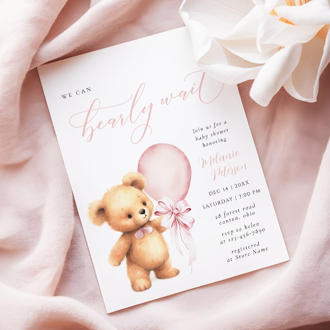 We Can Bearly Wait Pink Bow Balloon Baby Shower Invitation (Creator Uploaded)