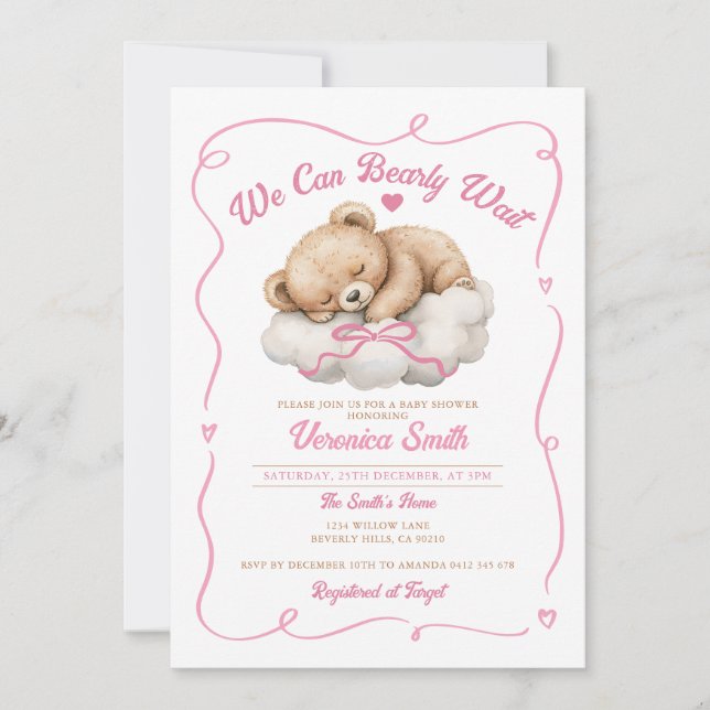 We can bearly wait Pink Bow Bear Girl Baby Shower Invitation (Front)