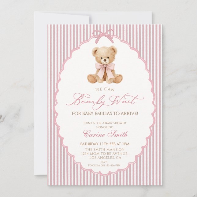 We Can Bearly Wait pink bow girl Baby Shower Invitation (Front)