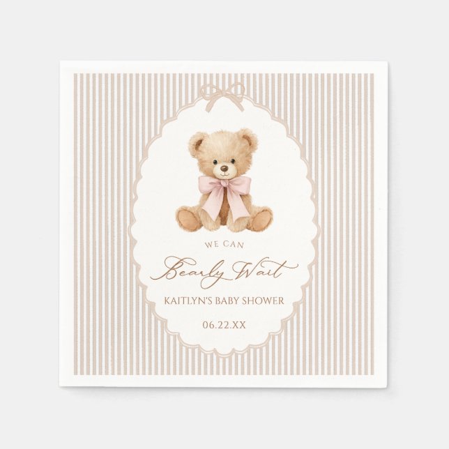 We Can Bearly Wait pink bow girl Baby Shower Napkin (Front)